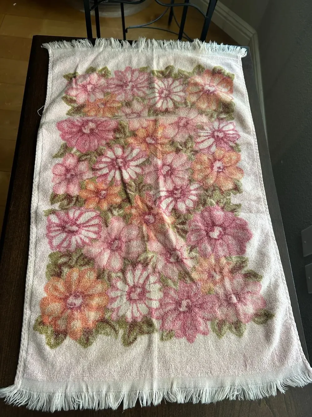 Vintage hand towel pink fringed MOD flower power